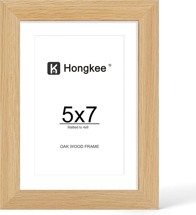Hongkee 5x7 Oak Wood Picture Frame 1 Pack(Matted 4x6), Real Glass Cover | Natural, 5 x 7 Solid Wood Frame for Wall or Tabletop Display - Includes Easel Back, Vertical Hang - Ideal for Home, Office