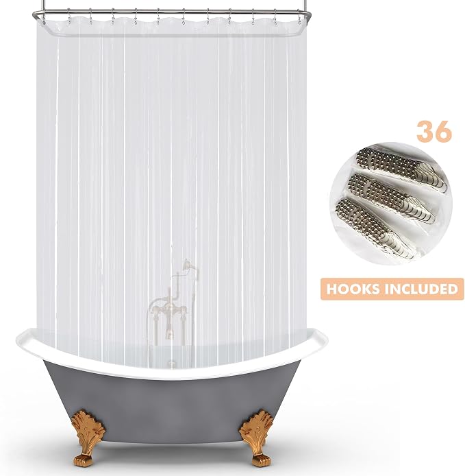 Mrs Awesome Clawfoot Tub Shower Curtain or Liner with 12 Magnets - Free 36 Hooks Included, Waterproof PEVA, 180" x 60", Clear