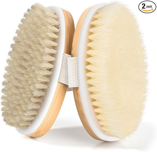 2 Pack Dry Brushing Body Brush, Natural and Soft Bristle Shower Brush for Body Cleaning, Exfoliating Bath Brush for Lymphatic Drainage Improve Circulation, Body Exfoliator Scrubber for Women Men