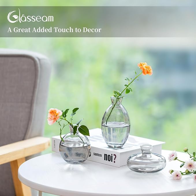 Glass Bud Vase for Centerpieces, 6Pcs/2Sets Glasseam Modern Gray Mini Small Vases for Flowers Bulk Flower Vase Set Aesthetic Cute Handmade Tiny Short Wedding Table Centerpiece Decor