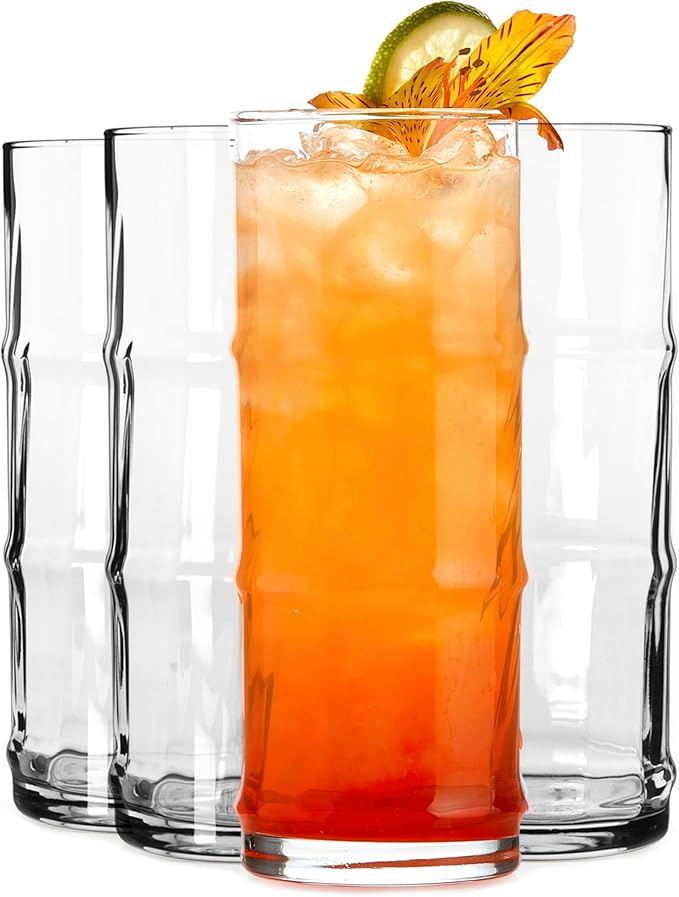 Libbey Tiki Bamboo Highball Drinking Glasses Set of 4, Iconic 16 Oz Tall Cocktail Glasses, Modern Drinking Glass Cups for Backyard and Summer Parties