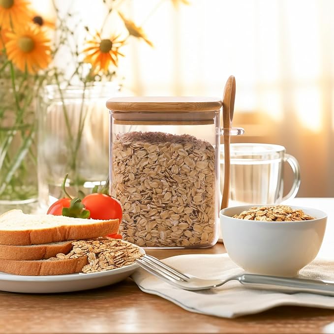 ComSaf Airtight Glass Storage Canister with Bamboo Lid (22oz/37oz/50oz) Set of 6, 31oz Glass Jars with Bamboo Lids & Spoons Set of 4, Pantry Storage Jar for Flour Cereal Sugar Tea Coffee Beans Snacks