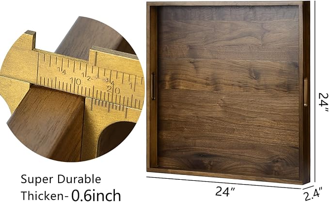 24 x 24 inches Black Walnut Extra Large Ottoman Tray Wood Trays with Handles Square Wooden Solid Serving Tray for Oversized Ottoman Living Room