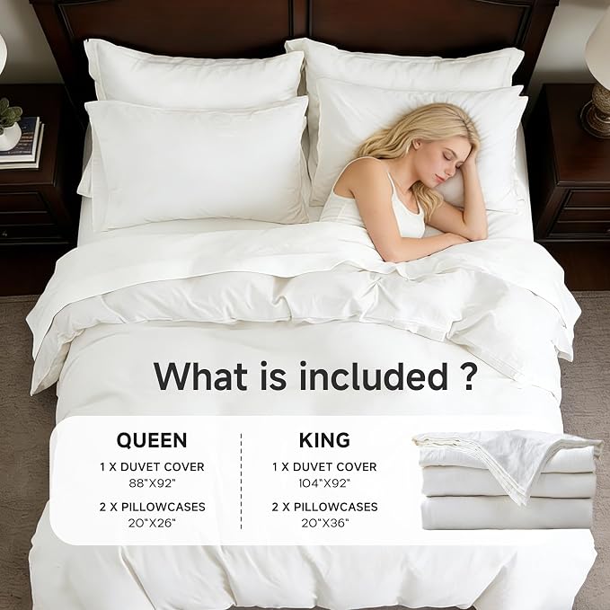 QKTE French Linen Duvet Cover Set, 3 PCS Natural French Flax White Duvet Cover Queen Size, Breathable Soft Comfy Linen Bedding Comforter Cover with 2 Pillowcases(White, 88" x 92")