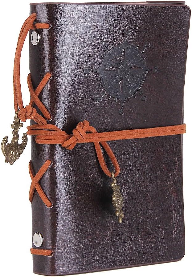 EvZ Vintage Leather Journal - 5" Refillable Nautical Writing Notebook with Anchor & Rudder Pendants - Small Spiral Blank Sketchbook for Travel, Poetry & Art - Classic Embossed Diary, Coffee