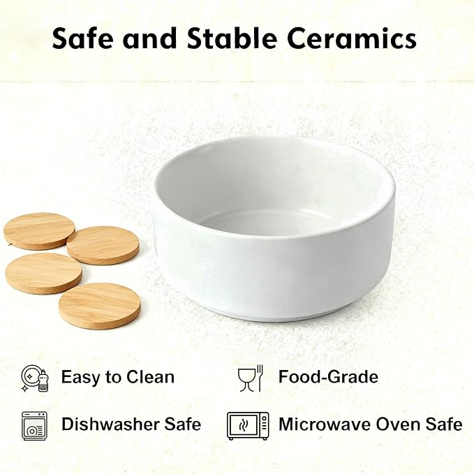Elevated/Raised Ceramic Dog Bowl with Bamboo Stand，6 Inch 3.6 Cups Non Slip Heavy Weighted Single Pet Dish, for Small Medium Breed & Cats,Reduces Neck Strain White