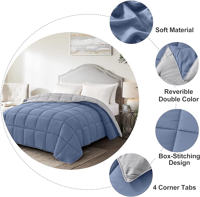 Homelike Moment Twin Comforter Duvet Insert - Blue Down Alternative Bed Comforter Twin Size, Lightweight Bedding Comforters Quilted Soft All Season Reversible Blue/Grey