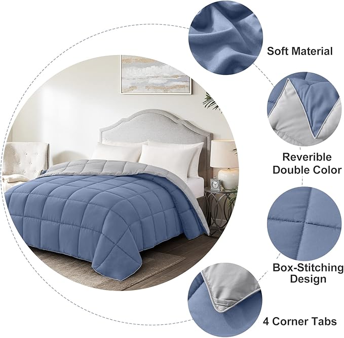 Homelike Moment Oversized Queen Comforter - Blue Duvet Insert Down Alternative Bed Comforter, Lightweight Bedding Comforters Oversize Queen Quilted Soft All Season Reversible Blue/Grey