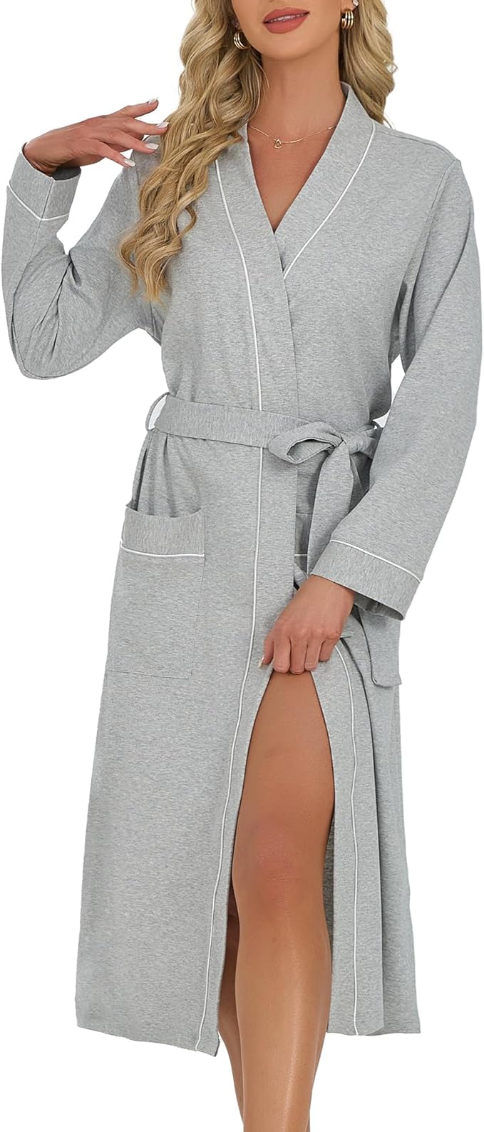 U2SKIIN Womens Organic Cotton Robe, Lightweight Long Kimono Bathrobe for Women, Soft Spa Lounge Sleepwear with Pockets