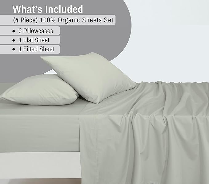 RUVANTI 100% Cotton Organic Percale Sheets Full Size – Crisp Cooling Bed Sheets for Hot Sleepers, Deep Pocket 15”, Soft Peach Finish, Breathable & Durable Hotel-Style 4 Pcs, Mineral Gray