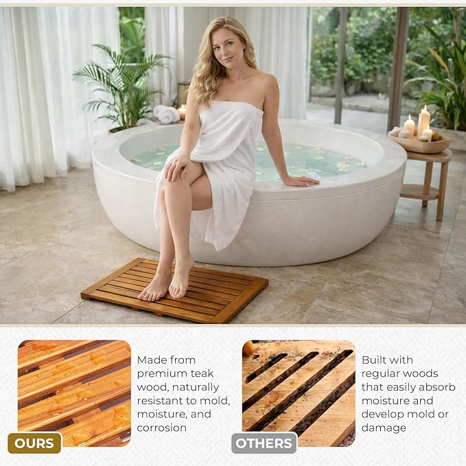 Teak Shower Mat – ChikiTeak Solid Wood Bath Mat for Outdoor Shower & Bathroom, Fast Draining, Non Slip, Premium Spa Mat, Durable Teak Bath Mat 25" x 16"