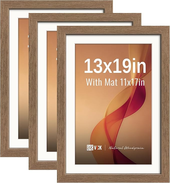 VCK 13x19 Picture Frames Walnut 3 Pack, Wide Border Wood, Tempered Glass, Display 13x19 Poster Photo with Mat or 11 x 17 Without, for Home, Office, Gallery, Woodgrain Series, Wall Hanging