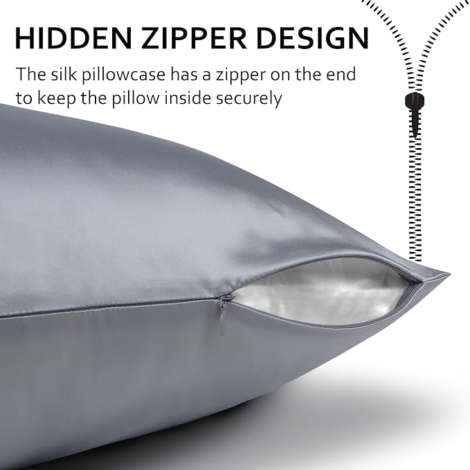 Ravmix Silk Pillow Cases with Zipper, 21momme Mulberry Silk Pillowcase for Hair Skin Health, Soft Smooth Breathable Cool Pillow Cover for Beauty Sleep with Gift Box 1PC(Queen 20"x30", Lilac Grey)