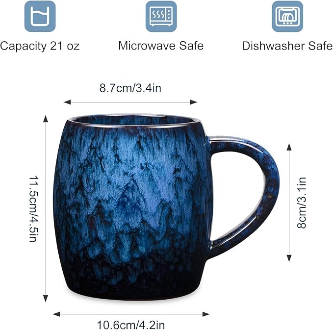 21 Oz Large Ceramic Coffee Mug, 600ml Handmade Pottery Big Tea Cup for Office and Home, Microwave and Dishwasher Safe, Unique Texture Glaze Mugs for Milk Cocoa Hot and Cold Drinking (Deep Blue)