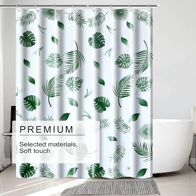 TIKABC Shower Curtain Liner, 4G PEVA Shower Liner, Plastic Waterproof Shower Curtains, with Grommet Holes and 3 Magnetic Weights(Green Leaf)