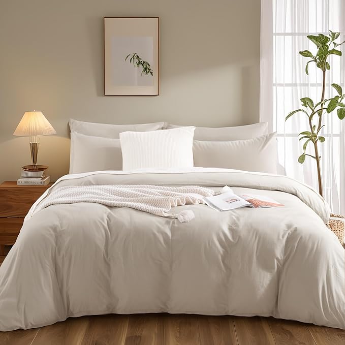 NEXHOME PRO Full Duvet Cover Set – 100% Certified Organic Cotton with Washed Feel & Linen-Like Texture, Comfortable & Breathable, Home Bedding Set Light Linen (No Comforter)