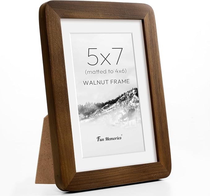 Fun Memories 5x7 Picture Frame - Solid Walnut Wood Frame, 5x7 Photo Frame with Mat for 4x6, 5 By 7 Picture Frame with Tempered Glass & Rounded Corners, Tabletop and Wall Display, Natural Walnut