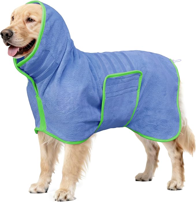 Soft Dog Bathrobe Fast Drying Dog Coat, Super Absorbent Dog Towels for After Bath, Microfiber Pet Robe Adjustable Collar & Belly Warm Keeping Dogs Coat for Pet Dogs & Cats (Blue, Medium)