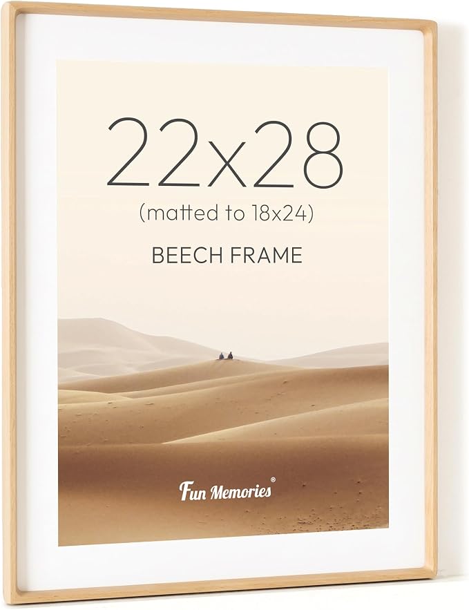 22x28 Poster Frame, USA-Sourced Beech Wood Picture Frame with HD Tempered Glass, Handcrafted Rounded Corner 22 x 28 Wooden Frames Matted to 18x24 Photos, Horizontal or Vertical Wall Display