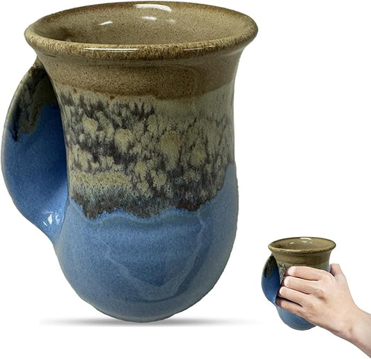 Clay in Motion Hand Warmer Coffee Mug – Handmade Coffee Mug With Comfortable Handle Contoured Pocket Hand Warming Ceramic Coffee Mug – Proudly Made in USA – Left Handed – 14 Oz - Sandy Beach