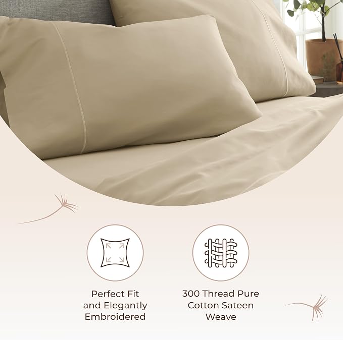 100% Organic Cotton Pillow Cases Queen Size Set of 2-100% Cotton Pillowcases GOTS Certified 300 Thread Count - Naturally Cooling Comfortable Breathable & Soft Pillow Cases (Dune, Queen)