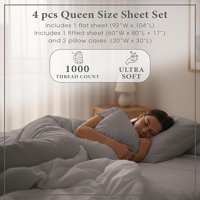 THE ART BOX Certified 100% Egyptian Cotton Sheets, Queen Sheet, 1000 Thread Count Hotel Quality Sateen Weave, 4 Pc Luxury Bed Sheet Set, Grey Sheets with Elasticized Deep Pocket