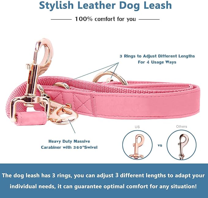 Soft Leather Dog Collar and Leash (6.6') Set - Stylish Rose Gold Heavy Duty Metal Buckle, 4 Adjustable Lengths Leash for Small Medium Large Dogs - Comfortable & Easy to Clean Dark Pink M(13.8"-19.7")