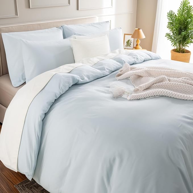 NEXHOME PRO Duvet Cover Set Twin Size Linen Look Textured Organic Natural 100% Washed Cotton Duvet Cover 2 Pieces Bedding Set with Zipper Closure, Breathable, Soft, Light Baby Blue (No Comforter)