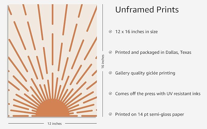 Y2K BOO Minimalist Sunburst UNFRAMED Wall Art Abstract Geometric Arch Earth Tones Terracotta Mid Century Modern 12x16 Inch Heavyweight Paper Boho Sunrise Studio Decor