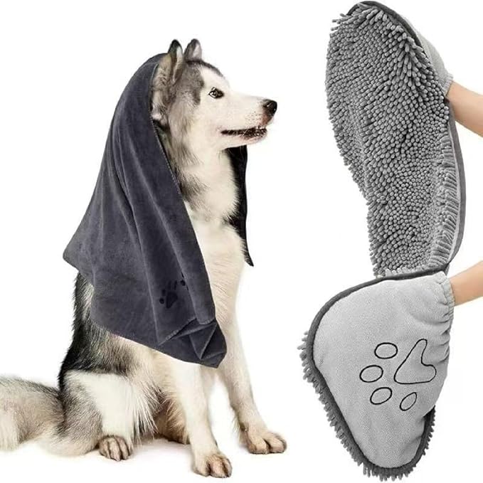 Dog Towel | Quick Dry Ultra Absorbent Microfiber Shammy | Extra Large 24.41x9.06 Dog Bath Towel with Hand Pockets | Dog Drying Towel for Dogs & Cats | Grey, Yellow, Blue (Yellow)