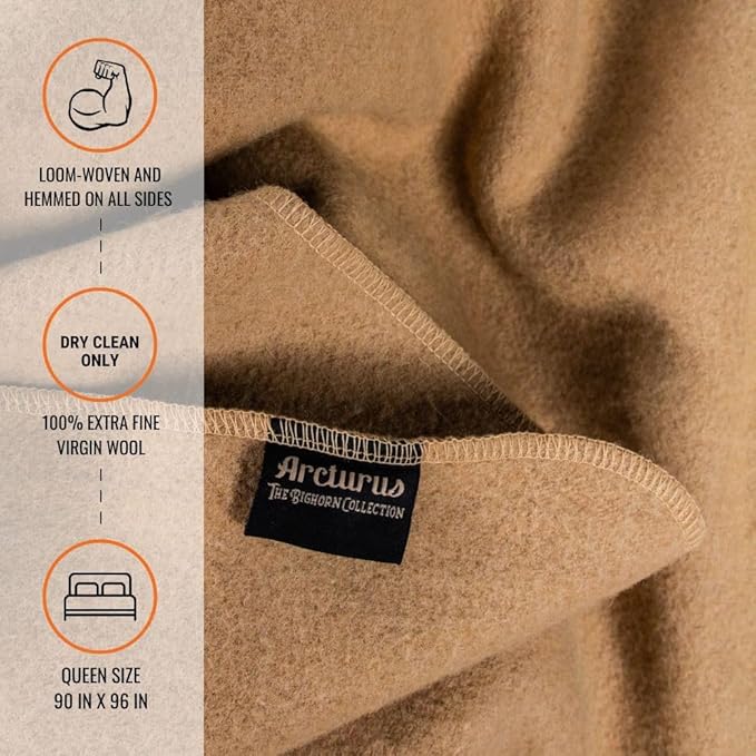 Arcturus Bighorn 100% Virgin Wool Blanket | Heirloom-Quality Wool Bedding for Home & Cabin | Warm, Thick & Durable (Queen Size, Flax)