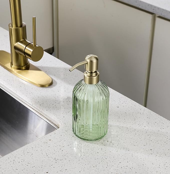 16Oz Green Glass Soap Dispenser with Rust Proof Stainless Steel Pump, Green Stripe Bathroom Hand Dish Lotion Dispensers with Brushed Gold Pump,Brushed Gold Glass Soap Dispenser
