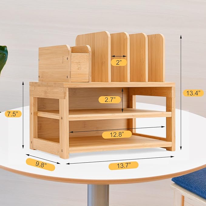 Homde Bamboo Desk Organizer with File Holder, Office Organization for Desks with Adjustable Pen Holding, Desktop Letter Paper Tray Storage for Workplace Home School (3-Tier,Natural)