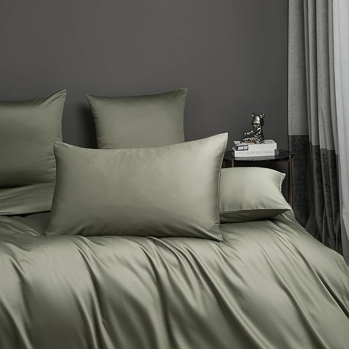 Dusty Green Cotton Duvet Cover Set Twin 100% Long-Staple Cotton Sateen Bedding Set, Soft Breathable Smooth Organic Pure Cotton Plain Comforter Cover, Luxury Minimalist Bedroom Decor for All Season