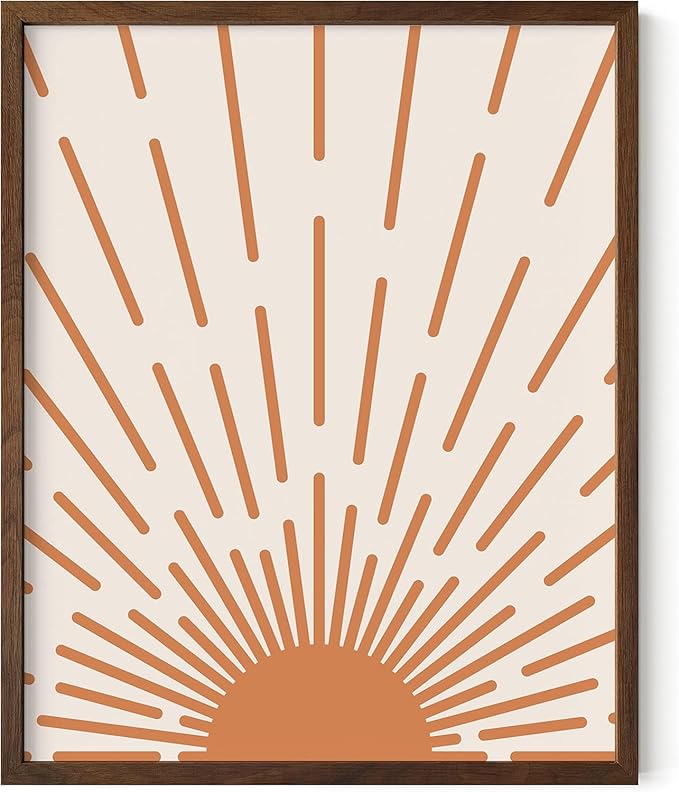 Minimalist Sunburst Wall Art Abstract Geometric Arch Earth Tones Terracotta Mid Century Modern 8x10 Inch Oak Wood Walnut Framed Boho Sunrise Print for Bedroom Living Room Decor