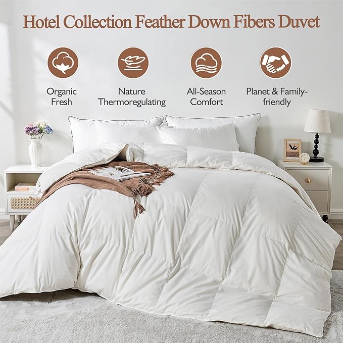 100% Organic Cotton Feather & Down Fibers Comforter Oversized Queen Size, All-Season Hotel-Style Hypoallergenic Duvet Insert 98x98 Inch Ivory White