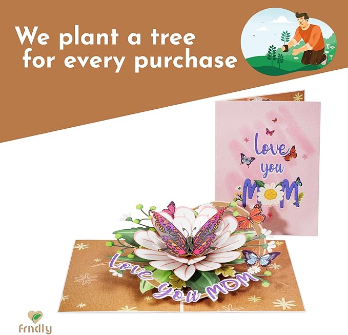 Paper Love Frndly 3D Pop Up Mother's Day Card, Love You Mom Butterfly, Handcrafted - 100% Recycled and Eco-Friendly, 8" x 6" Cover - with Note Tag