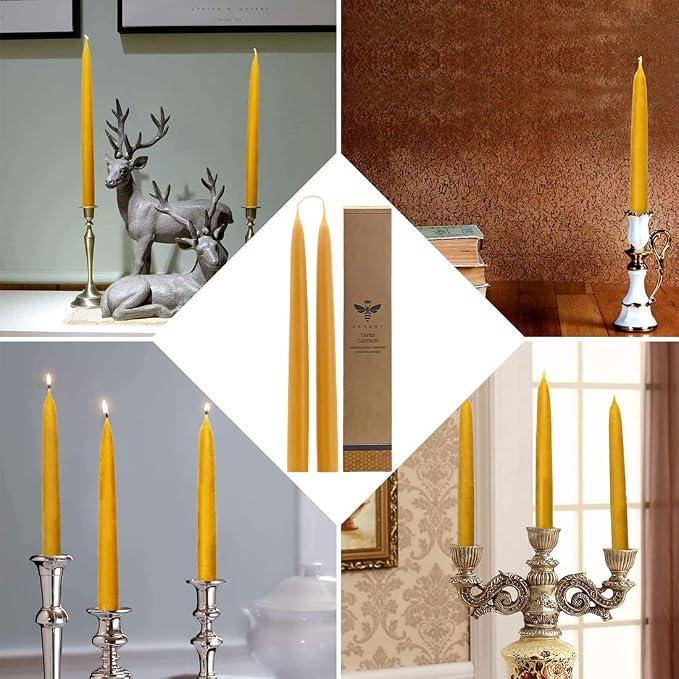 10 inch Natural Beeswax Taper Candles Set of 12, DEYBBY Smokeless and Dripless Organic Natural Beeswax Candles for Home Dinner Decor Emergency Housewarming Gift, 8-9 Hrs Burning, Nontoxic