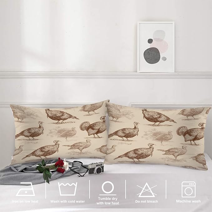 Shrahala Wild Turkeys Pillowcases, Vintage Turkey Illustration Lumbar Pillow Cover Decorative Blended Double-Sided No Inserts for Bedroom Sofa Living Room Set of 2 (26 x 20 in)