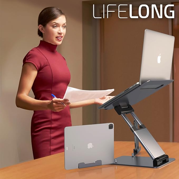 Lifelong 20" Tall Adjustable Laptop Stand with Phone & Tablet Holder | Ergonomic Aluminum Laptop Riser, Portable Foldable Computer Stand, Fits 10-17” Laptops for Desk