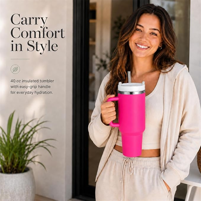 Pandance 40 oz Tumbler with Handle, Tumbler with Lid and Straw(Rose Pink) | Stainless Steel Vacuum Insulated Travel Mug, Sturdy Screw-on lid, Cup Holder Friendly, Large Capacity Cup For Iced Coffee
