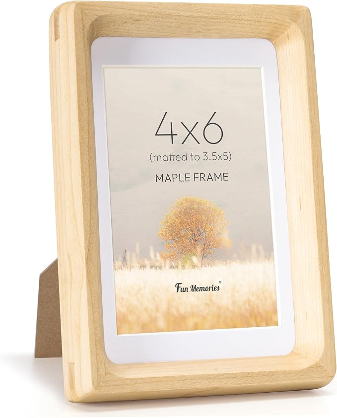 Fun Memories 4x6 Picture Frame, USA-Sourced Maple Wood Photo Frames with HD Tempered Glass, Handcrafted Rounded Corner 4 x 6 Wooden Frame Matted to 3.5x5 Photos, 4x6 Frames, Tabletop or Wall Display