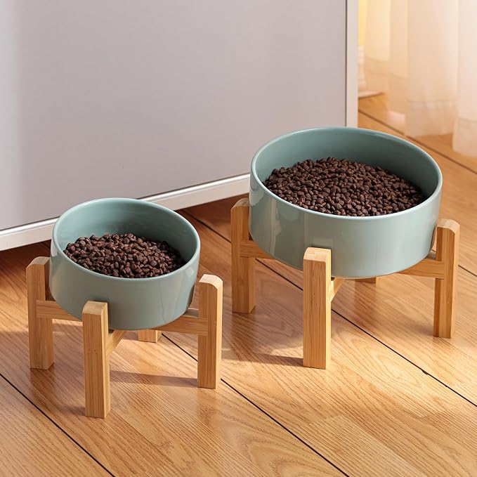 Elevated/Raised 15°Tilted Anti Slip Ceramic Dog Bowl for Medium & Large Breeds,Slanted Bulldog Big Face Pet Feeding Food Water Dish Stand for Dogs (7.6 Cups/60OZ) Light Green