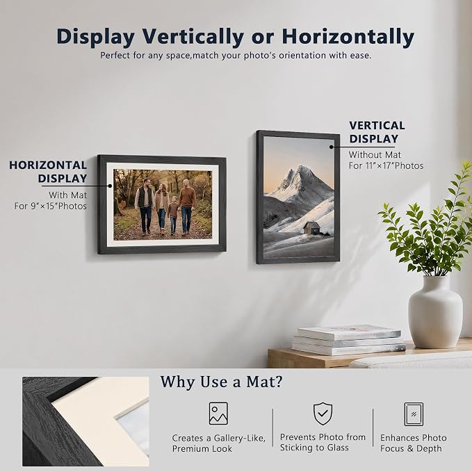 VCK 11x17 Picture Frames Black 3 Pack, Wide Border Solid Wood, Tempered Glass, Display 9x15 Photo with Mat or 11 x 17 without, for Home, Office, Gallery, Woodgrain Series, Wall Hanging