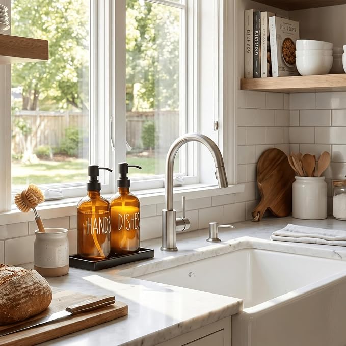 MOMEEMO Glass Soap Dispenser with Pump, Kitchen Sink Soap Dispenser with Ceramic Tray and Stainless Steel Pump, Suitable for Farmhouse Kitchen Decor. (Amber & Black)
