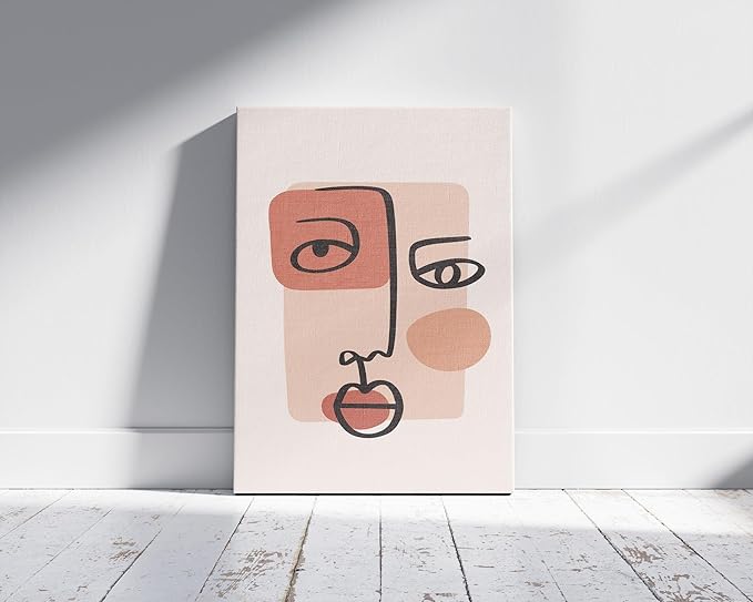 Y2K BOO Abstract Face Wrapped Canvas Wall Art Continuous Line Drawing Organic Shapes Earth Tones Terracotta 16x20 Inch Gallery Stretched Modern Home Wall Art