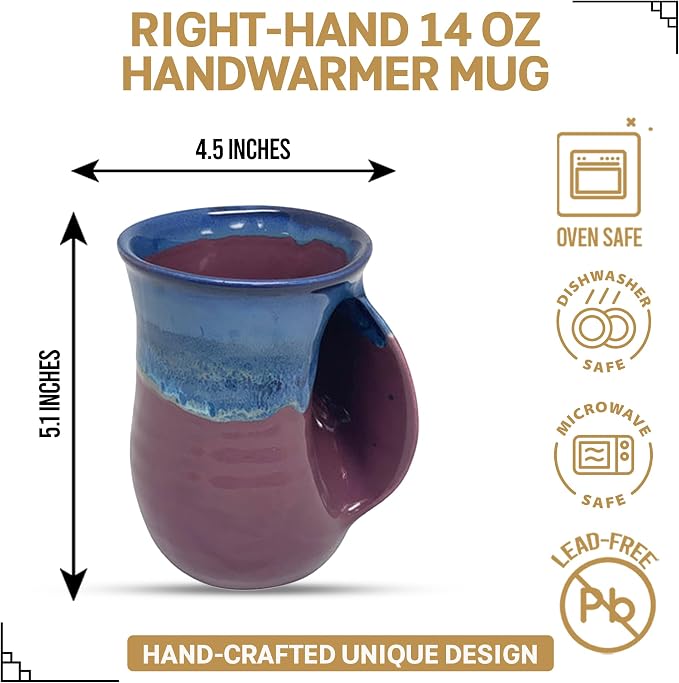Clay in Motion Hand Warmer Coffee Mug – Handmade Coffee Mug With Comfortable Handle Contoured Pocket Hand Warming Ceramic Coffee Mug – Proudly Made in USA – Right Handed – 14 Oz - Purple Passion