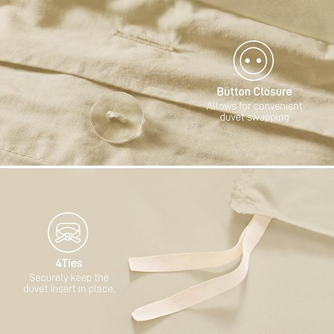 Duvet Cover Set Twin Size, 100% Washed Cotton, Light Weight Breathable Comforter Cover Linen Feel,2PCs Breathable Bedding Set for All Season, Frosted Almond 68"x90"