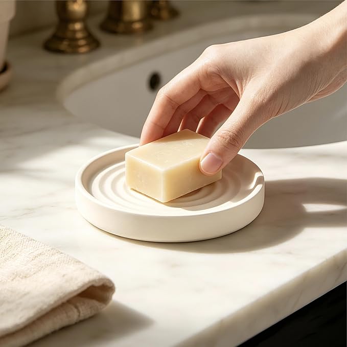 Diatomite Soap Holder 4.8 in Natural Diatomaceous Earth Absorbent Tray Quick Dry Water Ripple Soap Dish (Beige)