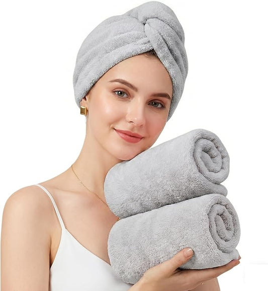 Mandydov 100% Cotton Hair Towel Wrap for Women, 2 Pack Thickened & Super Absorbent Turbans, Anti Frizz Quick Dry Hair Towels (Gray)